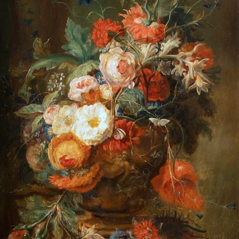 Esquisse d'un bouquet de fleurs dans un vase en terre.