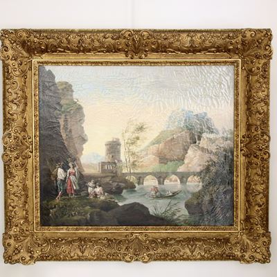 Huile sur toile représentant un « Paysage aux pêcheurs»