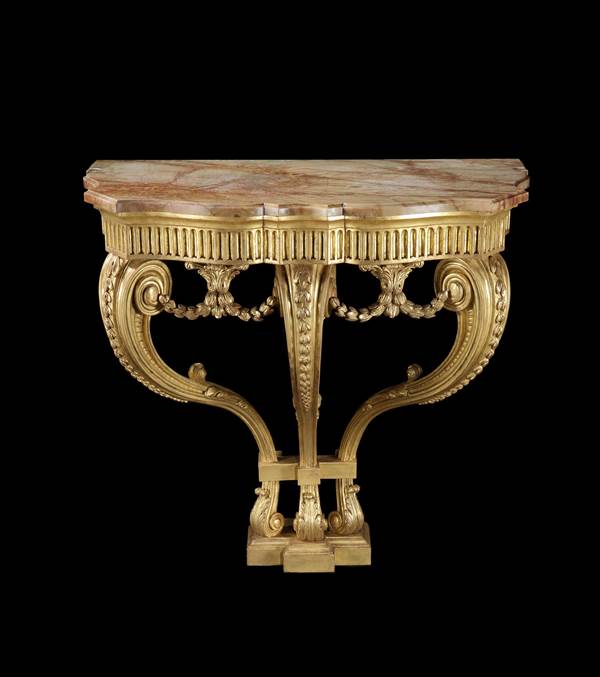 A PAIR OF GEORGE III GILTWOOD CONSOLE TABLES EN SUITE WITH A PAIR OF GILTWOOD OVAL MIRRORS