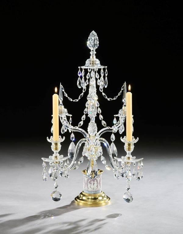 A PAIR OF GEORGE III ORMOLU MOUNTED CUT GLASS AND TRICOLOUR JASPER TWO LIGHT CANDELABRA BY PARKER & PERRY