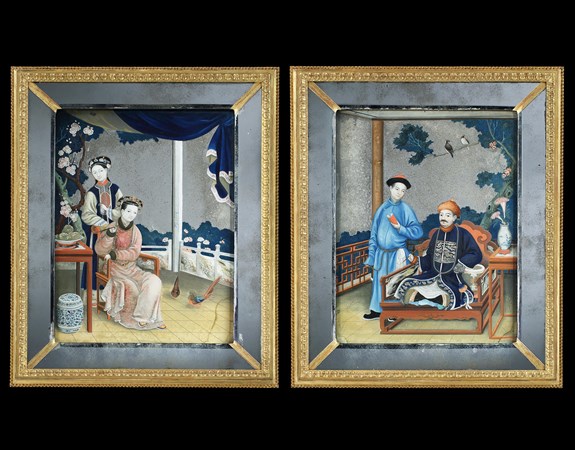 A PAIR OF GEORGE III PERIOD CHINESE EXPORT MIRROR PAINTINGS