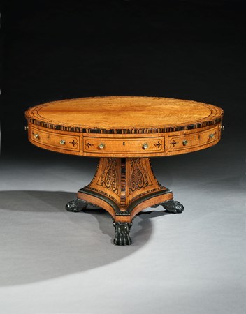 A REGENCY SATINWOOD AND CALAMANDER DRUM TABLE ATTRIBUTED TO GEORGE OAKLEY
