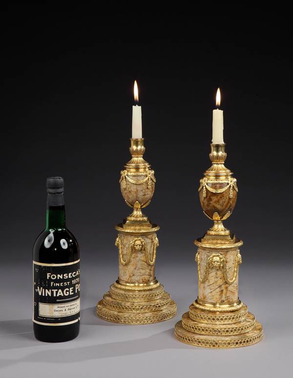 A PAIR OF GEORGE III ORMOLU MOUNTED TIGER STONE CANDLE VASES BY MATTHEW BOULTON