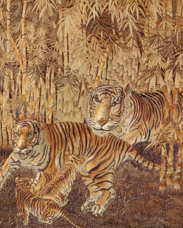 A VICTORIAN PERIOD JAPANESE EMBROIDERED SILK PANEL OF A TIGER FAMILY