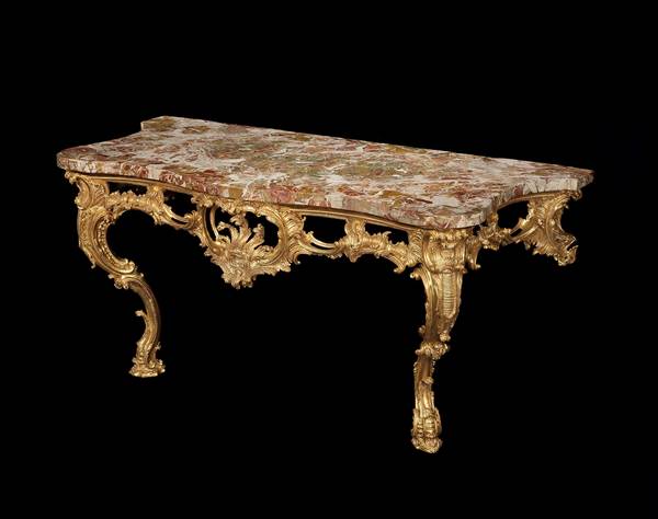 A LARGE GEORGE II GILTWOOD CONSOLE TABLE ATTRIBUTED TO MATTHIAS LOCK

