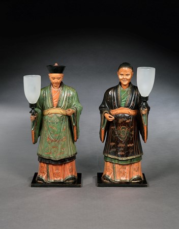 A PAIR OF REGENCY FIGURES OF A MANDARIN AND HIS CONSORT MOUNTED WITH LAMPS