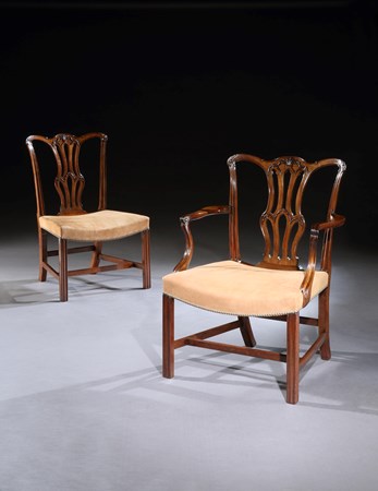 A SET OF TEN GEORGE III MAHOGANY DINING CHAIRS AND FOUR LATER SIDE CHAIRS