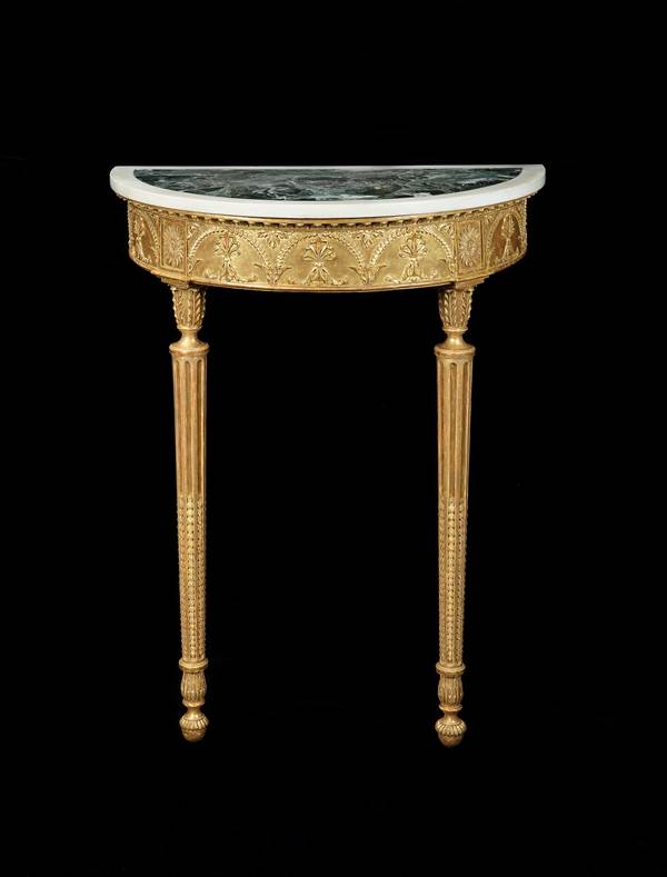 A PAIR OF GEORGE III GILTWOOD CONSOLE TABLES ATTRIBUTED TO ROBERT ADAM