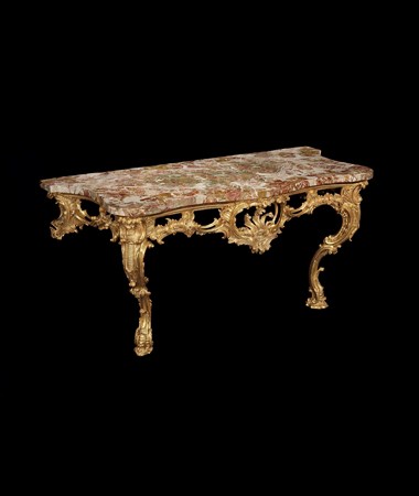 A LARGE GEORGE II GILTWOOD CONSOLE TABLE ATTRIBUTED TO MATTHIAS LOCK

