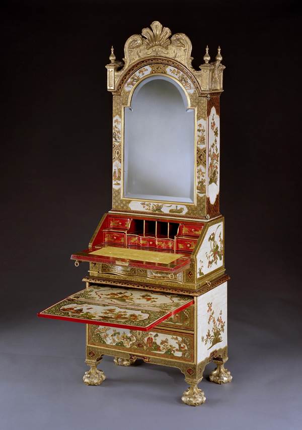 A VERY RARE QUEEN ANNE WHITE JAPANNED BUREAU CABINET OF MINIATURE PROPORTIONS