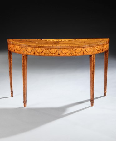 A PAIR OF GEORGE III SYCAMORE SATINWOOD SIDE TABLES ATTRIBUTED TO WILLIAM MOORE