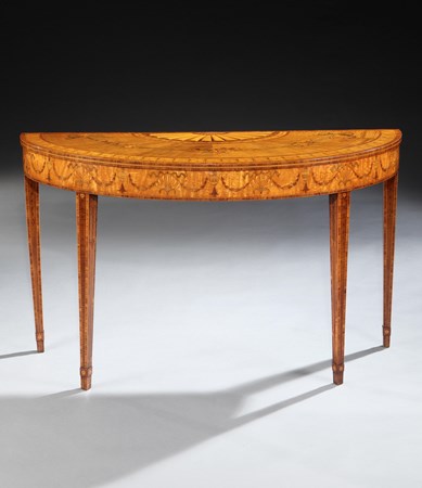 A PAIR OF GEORGE III SYCAMORE SATINWOOD SIDE TABLES ATTRIBUTED TO WILLIAM MOORE 