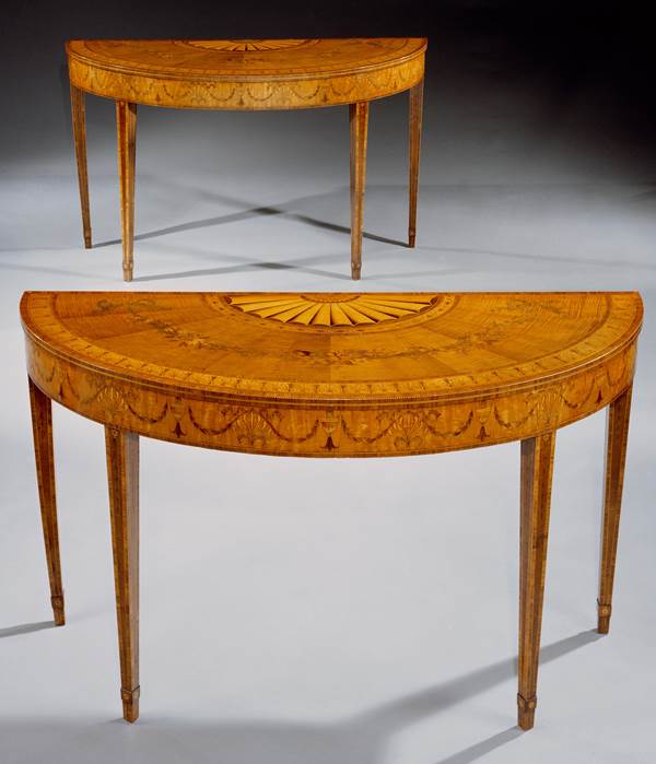 A PAIR OF GEORGE III SYCAMORE SATINWOOD SIDE TABLES ATTRIBUTED TO WILLIAM MOORE 