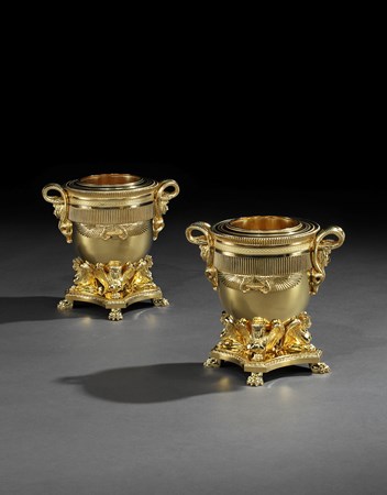 A PAIR OF GEORGE III GILT BRONZE WINE COOLERS BY RUNDELL, BRIDGE & RUNDELL TO A DESIGN BY JEAN-JACQUES BOILEAU