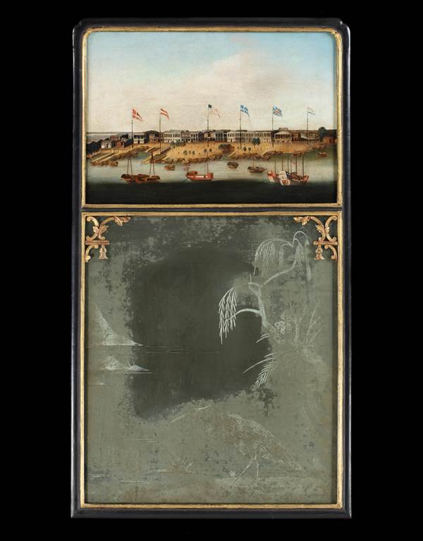 A PAIR OF GEORGE III PERIOD CHINESE EXPORT MIRRORS INCORPORATING LANDSCAPE PAINTINGS ON CANVAS OF SHANGHAI AND CANTON