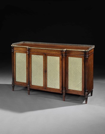 A GEORGE III BRASS MOUNTED ROSEWOOD BREAKFRONT SIDE CABINET WITH SATINWOOD BANDING