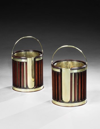 A PAIR OF GEORGE III BRASS BOUND MAHOGANY PLATE BUCKETS