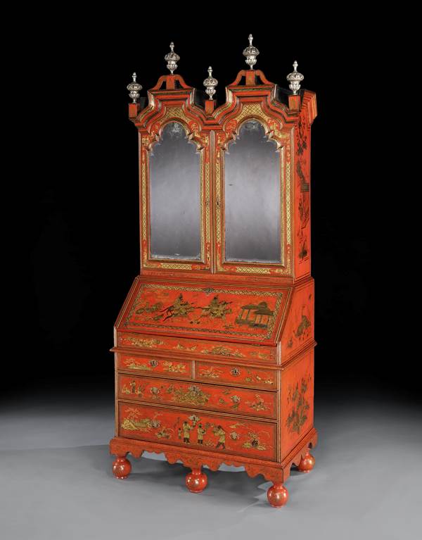 A WILLIAM AND MARY SCARLET AND GILT JAPANNED BUREAU CABINET