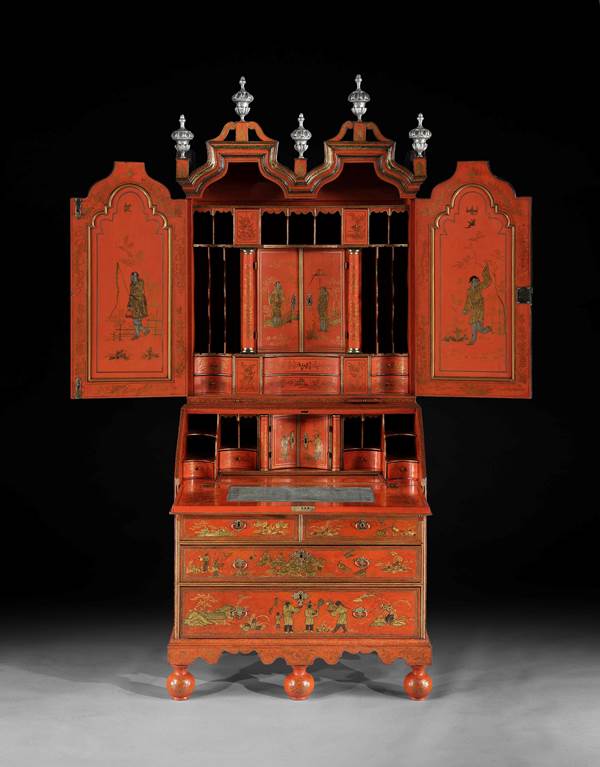 A WILLIAM AND MARY SCARLET AND GILT JAPANNED BUREAU CABINET