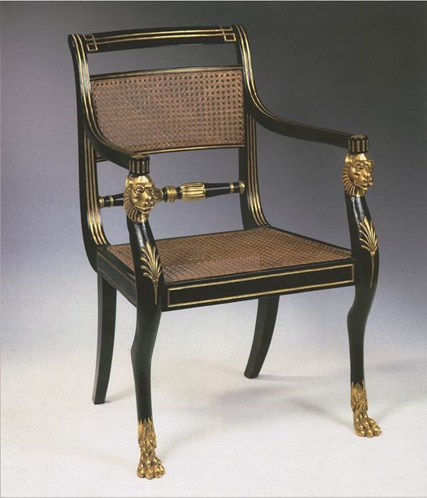 A REGENCY PARCEL GILT GREEN PAINTED ARMCHAIR BY GILLOWS 