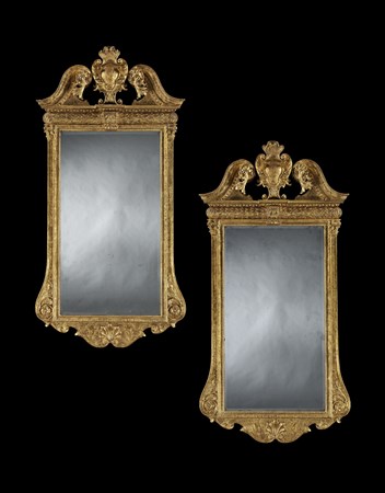 A PAIR OF IRISH GEORGE II GILTWOOD AND GESSO MIRRORS ATTRIBUTED TO JOHN BOOKER 