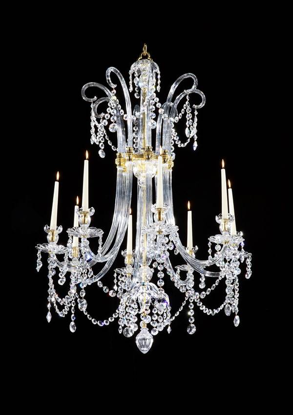 A PAIR OF GEORGE III EIGHT LIGHT ORMOLU MOUNTED CHANDELIERS BY MOSES LAFOUNT
