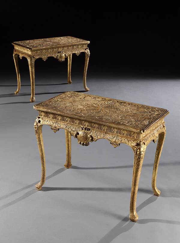 A PAIR OF GEORGE I GILT GESSO SIDE TABLES ATTRIBUTED TO JAMES MOORE THE ELDER