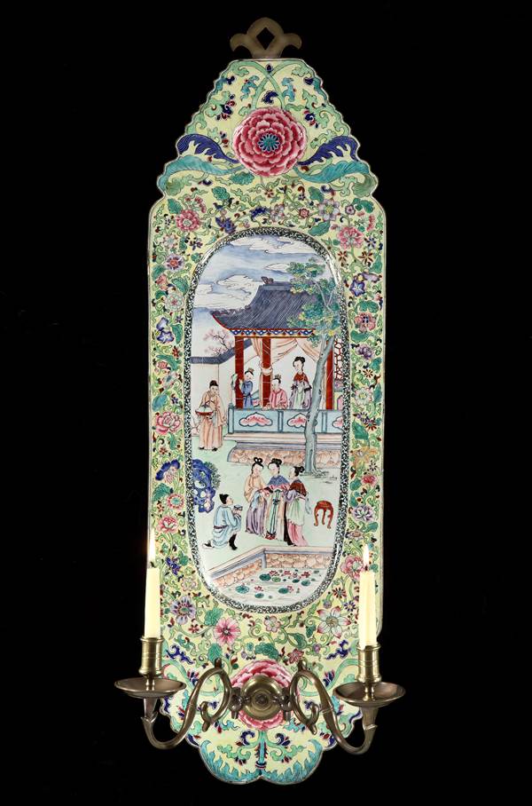A PAIR OF CHINESE EXPORT FAMILLE ROSE CANTON ENAMEL WALL SCONCES