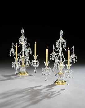 A PAIR OF GEORGE III ORMOLU MOUNTED CUT GLASS AND TRICOLOUR JASPER TWO LIGHT CANDELABRA BY PARKER & PERRY