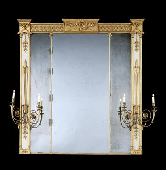 A GEORGE III GILTWOOD AND PAINTED OVERMANTEL MIRROR ATTRIBUTED TO GILLOWS 