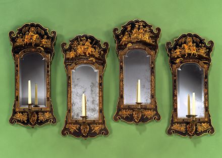 A SET OF FOUR GEORGE I BLUE JAPANNED GIRANDOLES ATTRIBUTED TO GILES GRENDEY