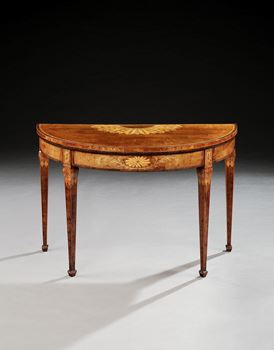 A PAIR OF GEORGE III HAREWOOD MARQUETRY CARD TABLES ATTRIBUTED TO JOHN LINNELL