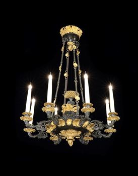 A FRENCH LOUIS XVIII ORMOLU MOUNTED EIGHT CANDLE BRONZE DISH LIGHT