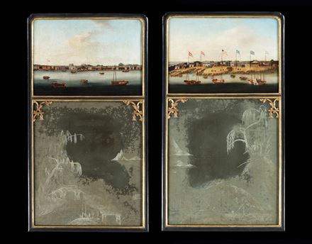 A PAIR OF GEORGE III PERIOD CHINESE EXPORT MIRRORS INCORPORATING LANDSCAPE PAINTINGS ON CANVAS OF SHANGHAI AND CANTON