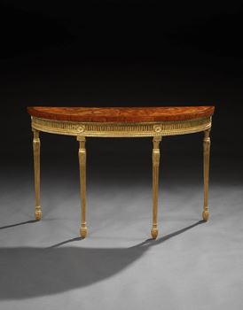 A GEORGE III SATINWOOD MARQUETRY SEMI-ELLIPTIC SIDE TABLE ON A GILTWOOD BASE ATTRIBUTED TO THOMAS CHIPPENDALE