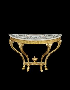 A GEORGE III GILTWOOD SEMI-ELLIPTIC SIDE TABLE ATTRIBUTED TO THOMAS CHIPPENDALE, WITH A SCAGLIOLA TOP ATTRIBUTED TO BARTOLI & RICHTER, DESIGNED BY ROBERT ADAM