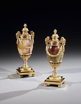 A PAIR OF GEORGE III ORMOLU MOUNTED BLUE JOHN GOAT’S HEAD CANDLE VASES BY MATTHEW BOULTON