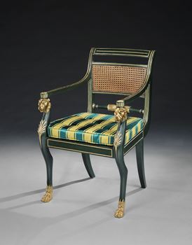A REGENCY PARCEL GILT GREEN PAINTED ARMCHAIR BY GILLOWS 
