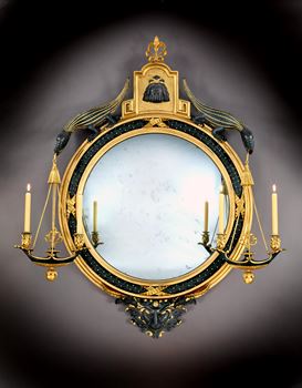 A GEORGE III GILTWOOD AND BRONZE PAINTED CONVEX MIRROR