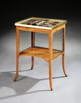 A GEORGE III TULIPWOOD SIDE TABLE WITH A BRASS MOUNTED BLUE JOHN TOP 
