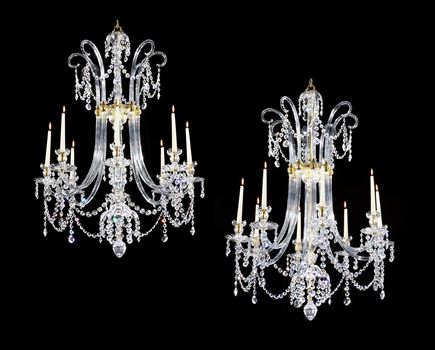 A PAIR OF GEORGE III EIGHT LIGHT ORMOLU MOUNTED CHANDELIERS BY MOSES LAFOUNT