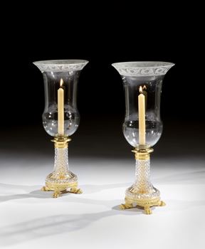 A PAIR OF REGENCY ORMOLU MOUNTED CUT GLASS STORM LIGHTS BY JOHN BLADES
