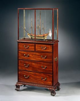 A GEORGE III MAHOGANY SHIP MODEL THE CASE AND CHEST ATTRIBUTED TO WILLIAM VILE