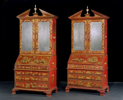 AN EXCEPTIONAL PAIR OF GEORGE I JAPANNED BUREAU BOOKCASES BY JOHN BELCHIER