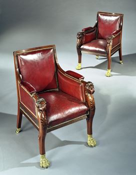 AN IMPORTANT PAIR OF REGENCY CARVED MAHOGANY LIBRARY BERGÈRES