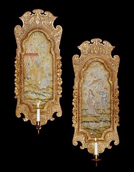 A PAIR OF QUEEN ANNE GILT GESSO SCONCES WITH NEEDLEWORK PANELS