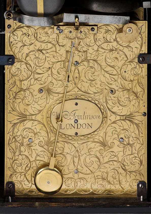 Backplate of the clock, signed William Tomlinson. Raffety Ltd