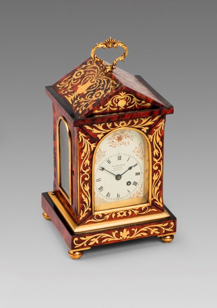 Webster, Cornhill, London. Regency red tortoiseshell and brass inlaid mantel timepiece, c. 1820. © Raffety Ltd