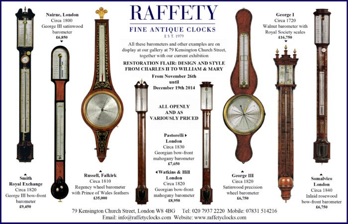 A slection of 18th and 19th century barometers available at Raffety, 79 Kensington Church Street