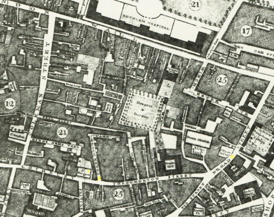 Rocque’s 1746 Map of London showing St Margaret’s Lothbury, Tokenhouse Yard and Broad Street (marked in yellow). Both Charles I and Charles II Cabrier worked in this part of the City.